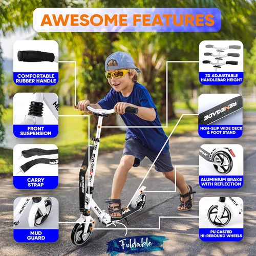 Vista 2 de Hurtle Patinete compacto para adolescentes, monopatín plegable con altura ajustable, cubierta antideslizante de aleación, ruedas de 8 pulgadas