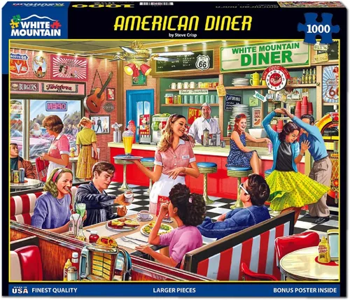 Vista 2 de White Mountain Rompecabezas de 1000 piezas retro de los años 50 con piezas grandes para adultos y familia de 24 x 30 pulgadas - American Diner