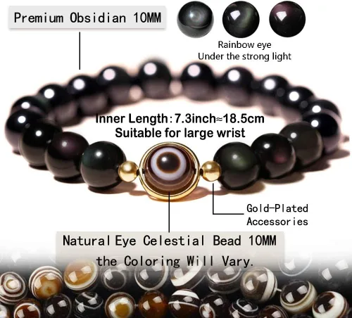 Vista 5 de L&C Feng Shui - Pulsera de riqueza de obsidiana negra 0.315in 0.394in para mujeres y hombres, pulsera de cuentas elástica de cristal de obsidiana