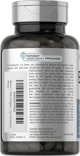 Vista 3 de Horbäach Biotin 10000 mcg 200 cápsulas blandas con vitamina B7 Suplemento de fórmula de belleza Sin OMG y sin gluten