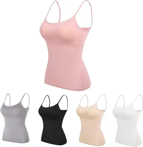 Vista 10 de Camisolas ajustables para mujer con brasier integrado, camiseta sin mangas de algodón elástico, tirantes delgados, cuello redondo Negro