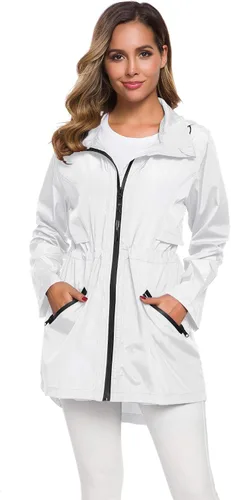 Vista 2 de Avoogue Impermeable largo para mujer con capucha para exteriores, ligera, rompevientos impermeable