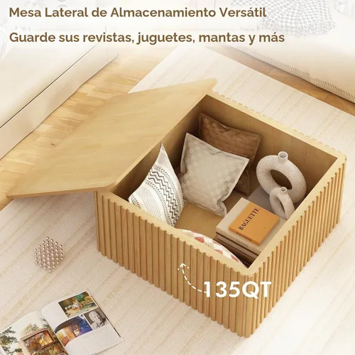 Vista 3 de HOKYHOKY Mesa de centro cuadrada acanalada con almacenamiento, mesa central grande de madera