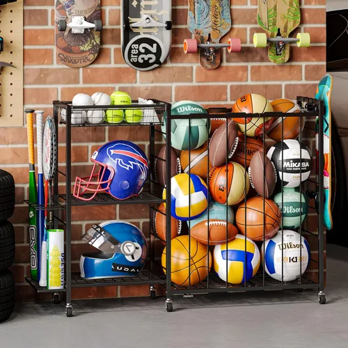 Vista 10 de Organizador de equipo deportivo, estante de almacenamiento de pelotas con correas elásticas y canasta removible para organización de garaje