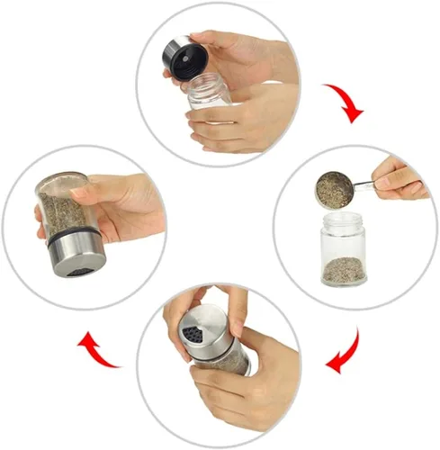 Vista 6 de Salero y pimentero prémium con agujeros ajustables para verter – Juego de 2 – Elegante acero inoxidable y vidrio – Juego de dispensador de especias