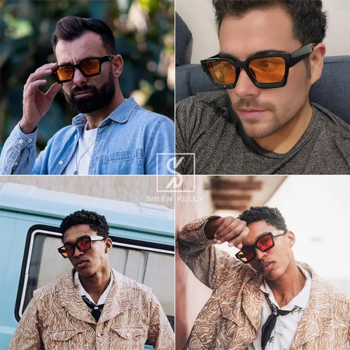 Vista 2 de SHEEN KELLY Gafas de sol rectangulares gruesas retro gruesas para mujeres y hombres, a la moda, cuadrados, negros, montura tipo tortie, gafas
