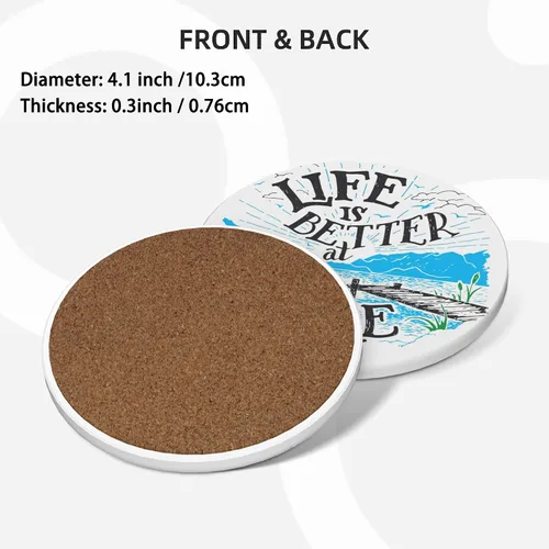 Vista 2 de Life is Better - Juego de 4 posavasos de cerámica absorbente para mesa de café, barra de madera, 4 pulgadas