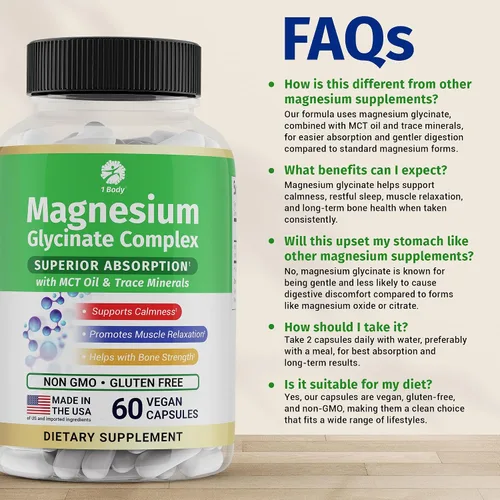 Vista 8 de 1 Body Complejo de glicinato de magnesio, suplemento de magnesio de alta absorción para calma, relajación muscular y apoyo a la salud ósea, vegano