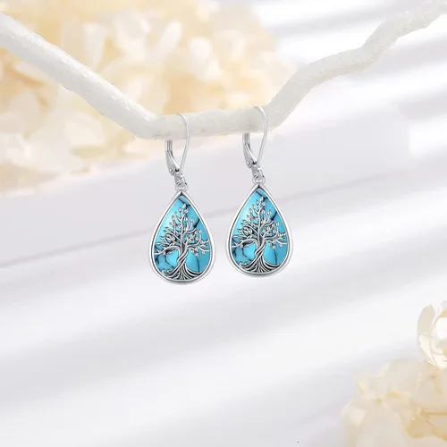 Vista 132 de Aretes colgantes de plata de ley con diseño de árbol de la vida, flor, abeja, animales, gato, colibrí, piedra lunar, turquesa, aretes con cierre