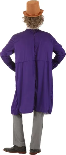 Vista 5 de Disfraz de Willy Wonka para hombre, chaqueta morada, uniforme de fábrica de chocolate y sombrero de copa para cosplay y Halloween