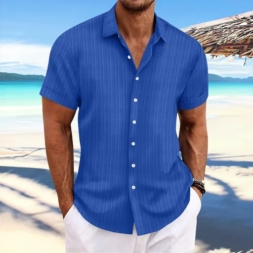 Vista 2 de Ctreela Camisa cubana de lino de manga corta para hombre, ligera, con botones, guayabera, camisas de trabajo casuales con cuello vuelto
