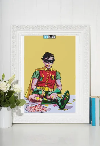 Vista 2 de Robin and Cheeseburgers Art Print – Fun Batman Sidekick Mashup – 11x17 Whimsical Pop Culture Wall Art