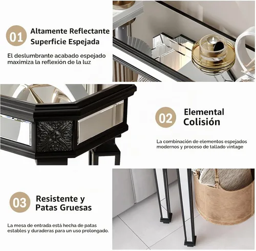 Vista 3 de Mesa Consola Negra con Espejo, Mesa de Sofá de Cristal Rectangular de 48 pulgadas con Elementos Tallados Vintage con Espejo, Muebles de Espejo