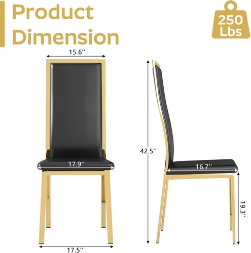 Vista 2 de Juego de 2 sillas de comedor modernas, piel sintética negra con patas de metal dorado cromado, diseño de respaldo alto curvo y acolchado tipo nube