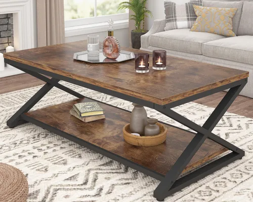 Vista 11 de HSH Mesa de sala de estar de madera de metal minimalista moderna negra con estante de almacenamiento, mesa central rectangular de 39 pulgadas y 2