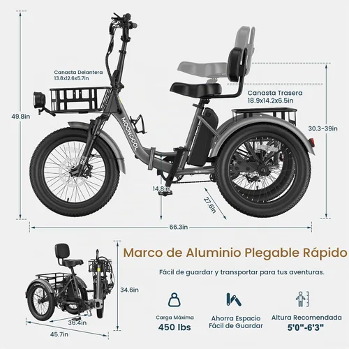 Vista 2 de MOONCOOL Triciclo eléctrico para adultos, E-Trike plegable con modo inverso Gris