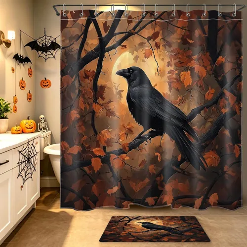 Vista 52 de HVEST Cortina de ducha con ganchos, calabaza espeluznante y fantasma con sombrero de bruja negro, juego de cortina de ducha naranja con flores