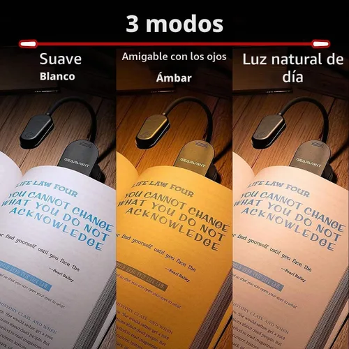 Vista 2 de GearLight Luz de libro recargable para leer en la cama – Lámpara LED con clip manos libres con 3 modos de luz, brillo ajustable, luz de lectura Negro
