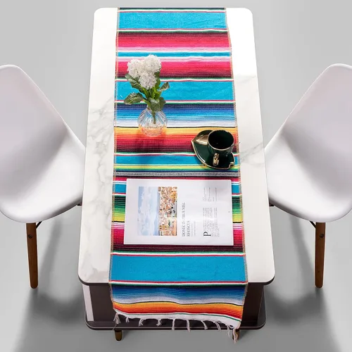 Vista 5 de Camino de mesa mexicano, paquete de 12 unidades, 14 x 84 pulgadas, decoración de fiesta temática mexicana para fiesta del Cinco de Mayo, Serape