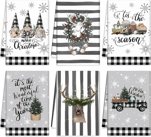 Vista 14 de FuWeave Toallas de Cocina Navideñas Beige Paños de Cocina con Árbol Navideño Toallas de Mano Decorativas Hello Winter Absorbentes Pelota de Guantes