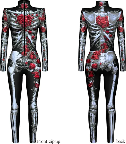 Vista 4 de Fixmatti Disfraz de fiesta de Halloween para mujer, traje de manga larga con estampado de calavera