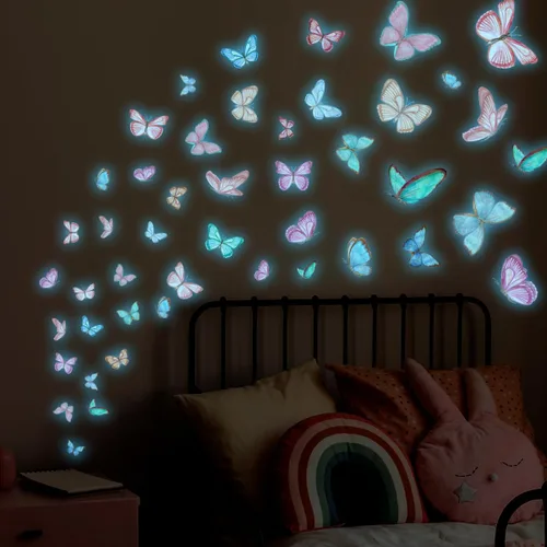 Vista 8 de Calcomanías de pared de mariposa que brillan en la oscuridad, calcomanías de pared de mariposa luminosas azules, calcomanías de pared para estilo 10