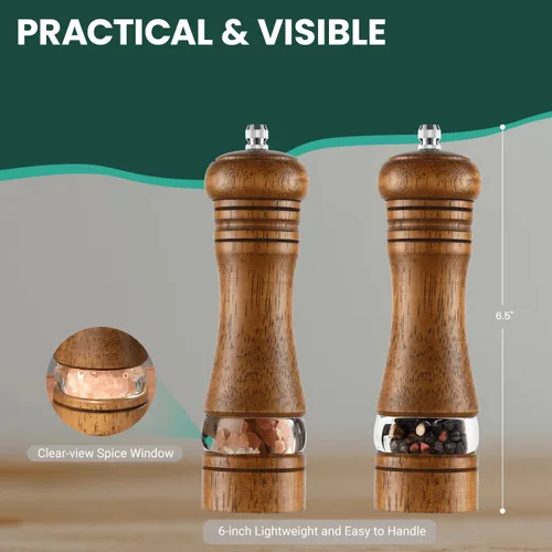 Vista 3 de Juego de Molinillo de Sal y Pimienta de 2 Piezas, Molinillos de Sal y Pimienta de Madera de 6.5 Pulgadas con Grosor Ajustable, Molinillo de Pimienta