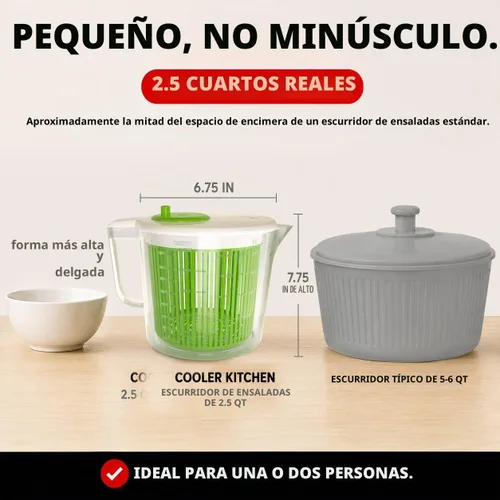 Vista 2 de Cooler Kitchen Pequeño plato giratorio para ensaladas, mini centrifugador y secadora de lechuga con tazón de taza medidora, lavadora compacta
