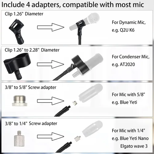 Vista 5 de Soporte para micrófono, cuello de cisne, para cantar, altura ajustable de 36 a 66 pulgadas, con base resistente para Samson Q2U Fifine AM8 Blue Yeti
