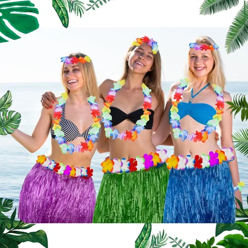 Vista 3 de Juego de 8 piezas de falda de hierba, lentes de sol, collar y pulsera Leis, decoraciones Luau para niños