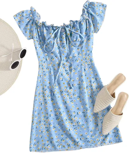 Vista 5 de Floerns Vestido de manga corta floral con volantes y lazo frontal para mujer