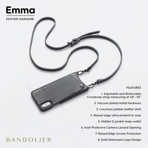 Vista 7 de Bandolier Emma Crossbody - Funda para teléfono y cartera, de piel negra con detalles dorados, plateados o peltre, compatible con iPhone
