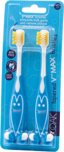Vista 3 de Ooak Cepillo de dientes para niños, cerdas cónicas V++Max, cara feliz, azul, 2 unidades happy face