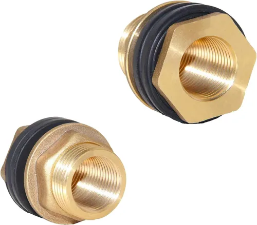 Vista 2 de Conector de tanque de agua de latón macizo macho de 1/2 pulgada hembra de 3/4 pulgadas, montaje de mamparo con 2 anillos de goma estabilizadores