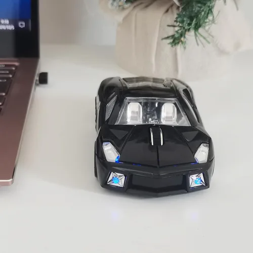 Vista 4 de Ratón inalámbrico, ratón deportivo para automóvil con faros LED, receptor USB, mouse inalámbrico en forma de coche para computadoras, laptop, Mac