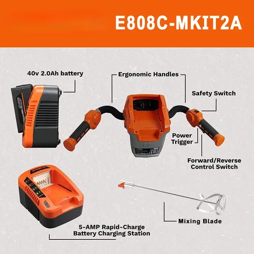 Vista 3 de Mezclador de hormigón de 40 V Motor sin escobillas Kit de mezcla inalámbrica 2AH batería y cargador incluidos