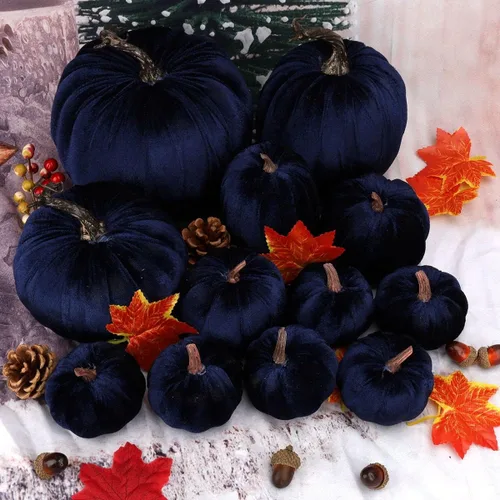 Vista 3 de Gresorth 12 calabazas artificiales grandes de terciopelo para Halloween, hechas a mano, decoración de centro de mesa de cosecha de otoño