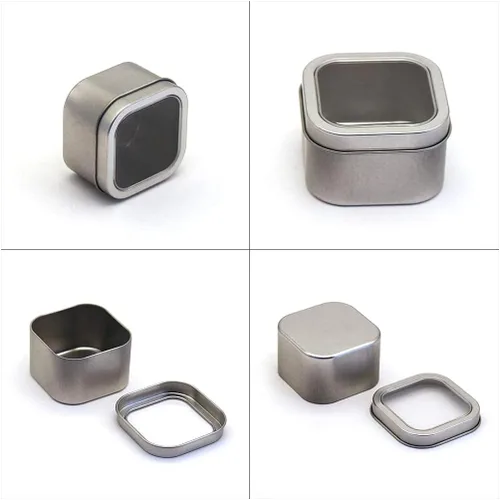 Vista 3 de Latas cuadradas de metal con tapas de ventana, paquete de 15 latas de plata cuadradas vacías para hacer velas, dulces, regalos y tesoros (4 onzas)