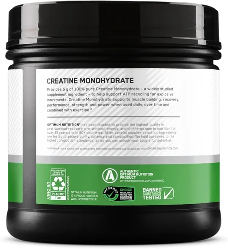 Vista 3 de Optimum Nutrition Creatina en polvo micronizada, sin sabor, 135 porciones