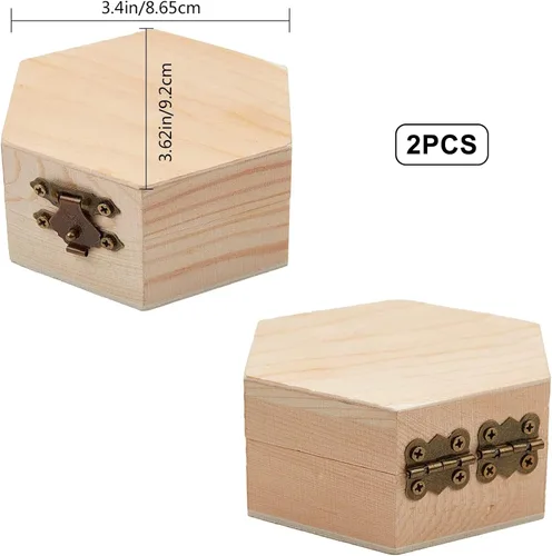 Vista 2 de GORGECRAFT 2 cajas de madera sin terminar hexagonal, caja de almacenamiento de madera con tapa con bisagras y cierre frontal para bricolaje