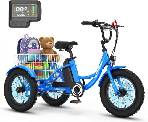 Vista 7 de MOPHOTO Triciclo eléctrico de 16 pulgadas para jóvenes, bicicleta eléctrica Menta cool