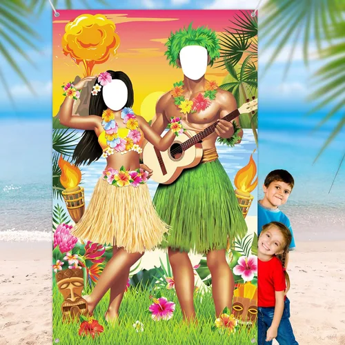 Vista 9 de Frienda Luau - Cartel de fotos para puerta de pareja, decoración de fiesta hawaiana de Tiki Luau, accesorios de fotos de Aloha Tiki para reunirse