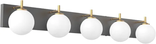 Vista 13 de Aipsun Lámpara de tocador de baño moderna de mediados de siglo, 3 luces, pantallas de vidrio blanco lechoso, lámpara de baño negro/dorado