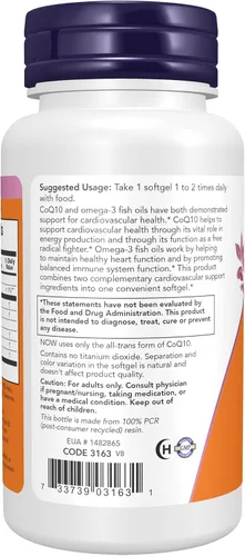 Vista 3 de NOW Suplementos, CoQ10 60 mg con aceite de pescado Omega 3, Salud cardiovascular*, 60 cápsulas blandas