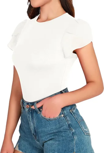 Vista 3 de MANGOPOP Body de manga corta para mujer, cuello redondo, blusas para salir