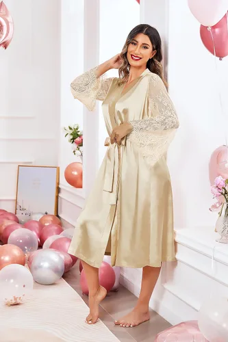 Vista 2 de Avidlove Bata tipo kimono de encaje floral para mujer, de manga larga, bata de baño, bata de novia