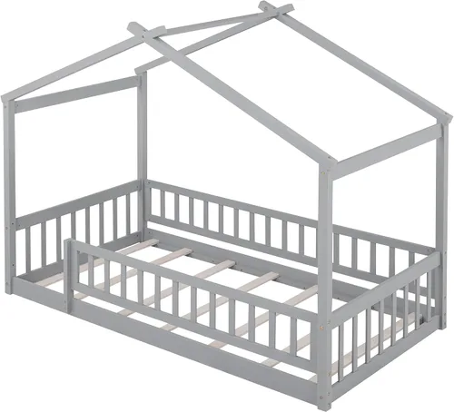 Vista 6 de Cama con dosel con valla, moderna cama de plataforma de madera maciza con cabecera y soporte de listones, moderna cama con paneles de 4 carteles Gris