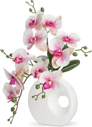 Vista 8 de Briful Flores de orquídea artificiales en jarrón de cerámica moderna de 40 cm de altura, arreglo de orquídea azul falsa de seda, flor de orquídea