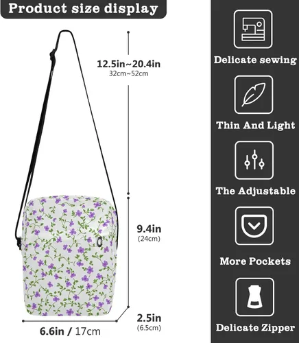 Vista 3 de Small Purple Flowers Green Vines Vintage messenger bags mens shoulder bag Casual Purse Lady Shoulder Handbags Adjustable Strap for Travel Travel