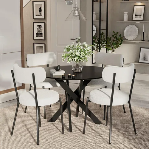 Vista 36 de Moderno juego de mesa de comedor redonda de 3 piezas, mesa de MDF circular negra y 2 sillas de comedor negras Boucle, muebles de cocina con marco